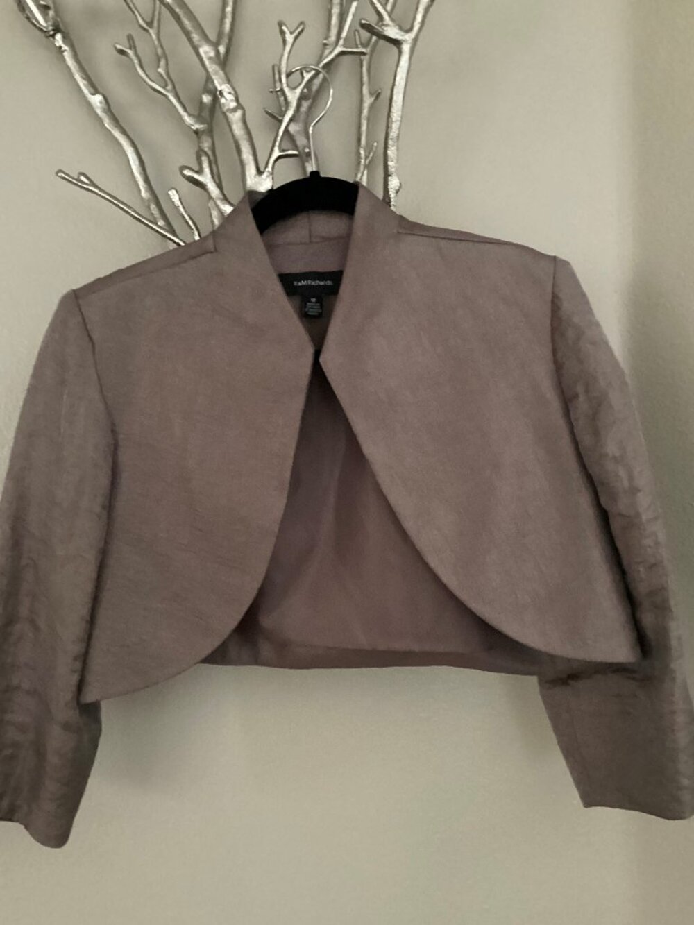 R&M Richards tan, women's bolero jacket, shrug, wrap, size 12